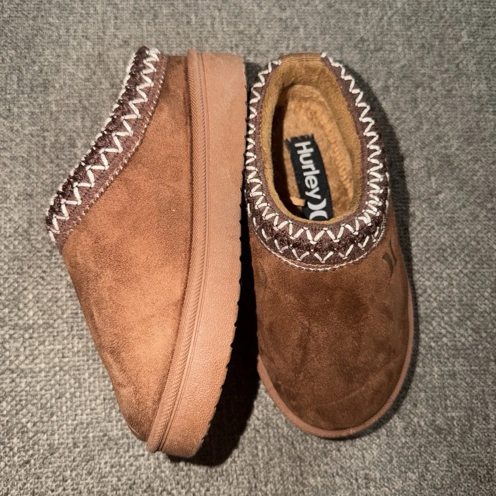 Hurley Kids Size 10 Brown Faux Suede Sherpa Lined Slip On Moccasin